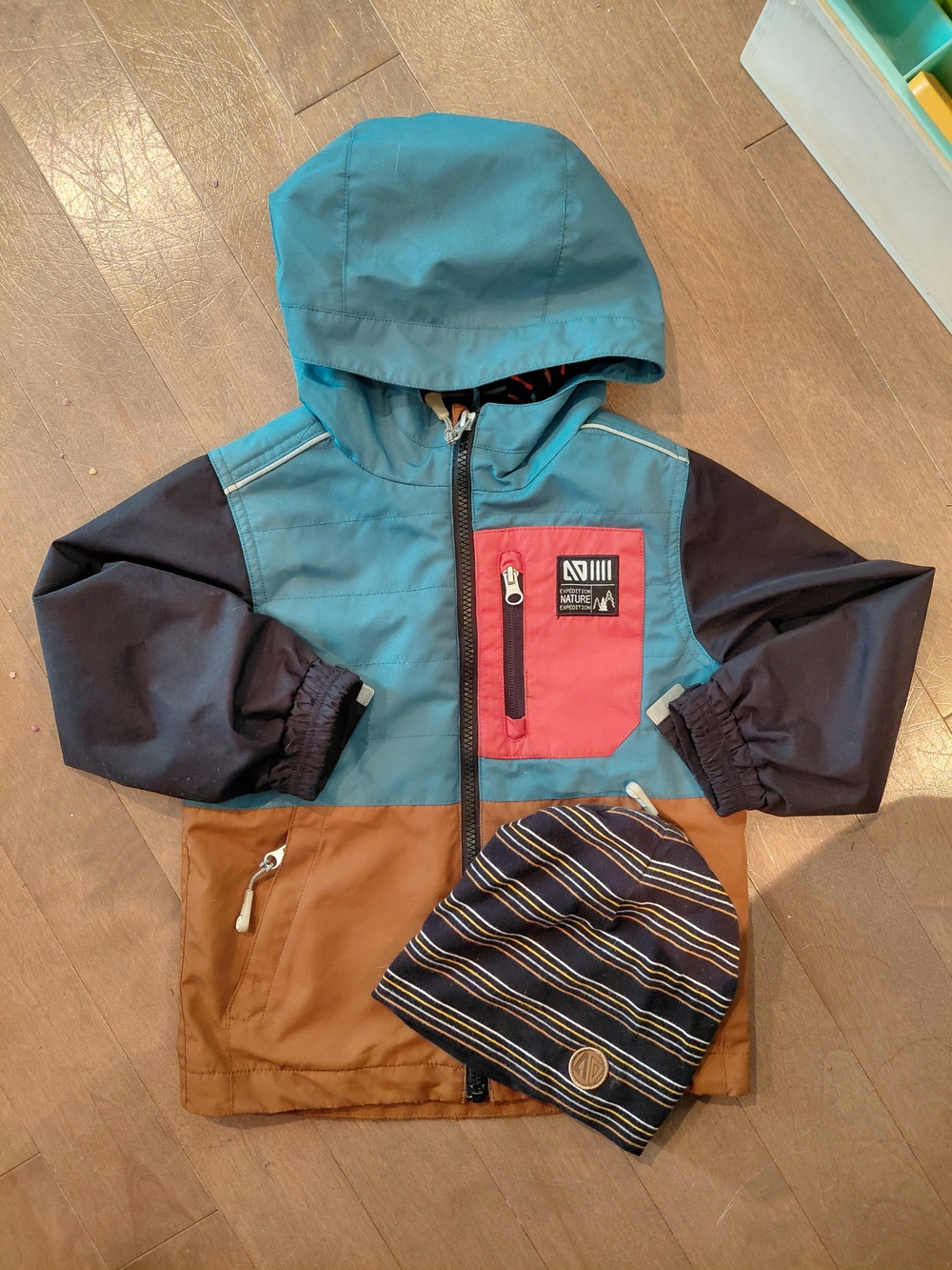 Nanö Colorblock Hooded Jacket - Teal, Navy & Brown + Hat